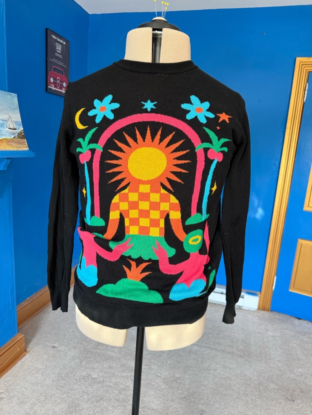 OXKnit Retro 70s Psychedelic Sun Palm Tree Knit Sweater L